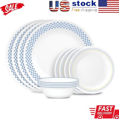 Amelia Grid 12-Pcs Glass Dinner Set Eco-Friendly Lightweight Technology Round US