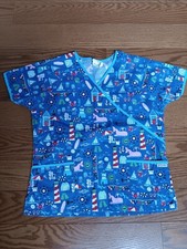 UA Scrubs Medical Uniform Top Womens Large Mock Wrap Blue W/Beach/Ocean/Summer