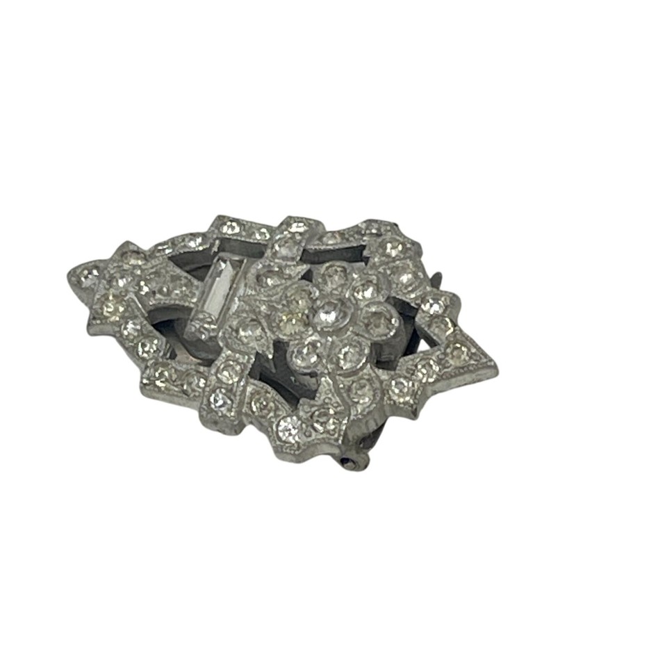 Vintage Art Deco Rhinestone Dress Clip Pin Elegant Floral Design Silver
