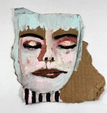 Quirky Outsider Art Meditating Woman Blue Painterly Naive Portrait Painting