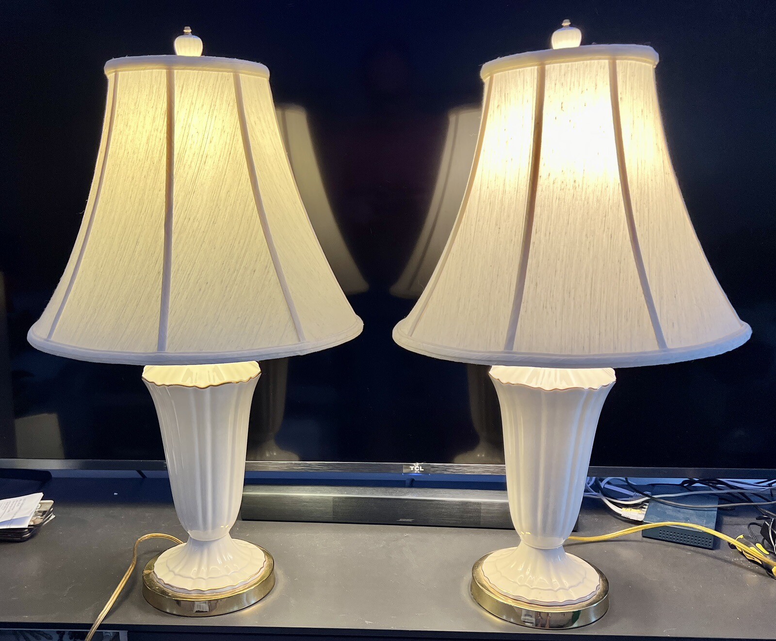 Pair of Lenox Lamps Original Finials 28"H Bone China Urn Body Brass