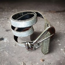 Vtg 80s Skinny Belt By The Icing Size Large 30-34  Waist Metallic Silver Ivory