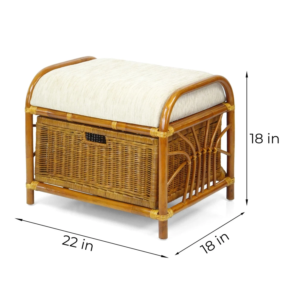 Krit Handmade Rattan Wicker Ottoman Footstool  w/Basket w/Cushion - Image 2 of 4