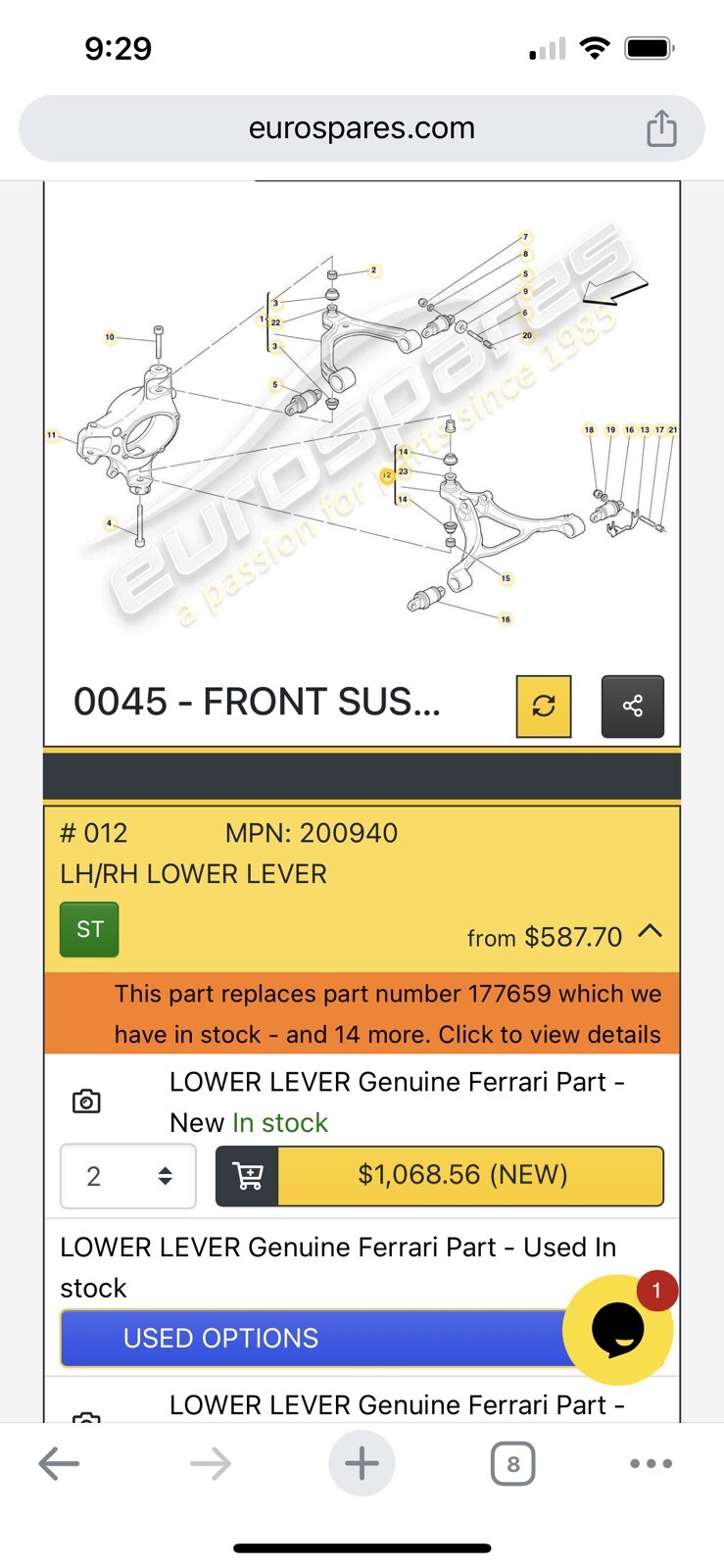 Ferrari F430 Left Front Hub Knuckle Control Arms Assembly 3,500 Miles ‘06 Spider