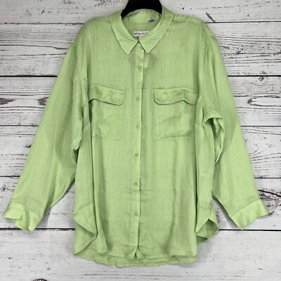 Women s Long Sleeve Chiffon Button Down Shirt Ava & Viv Green 2X