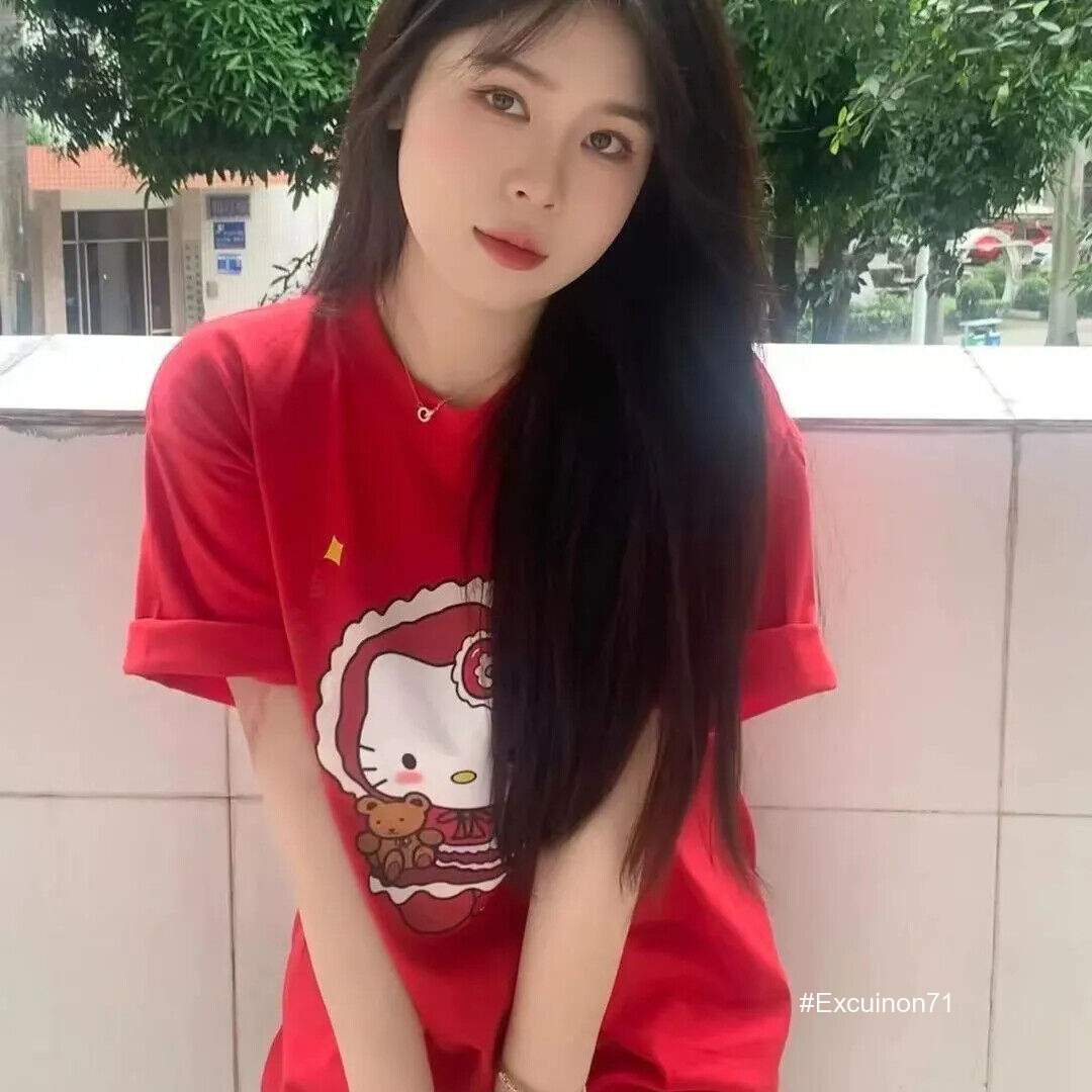 Vintage Y2K Womens Cute KT cat Red Casual Short Sleeves Tops Loose