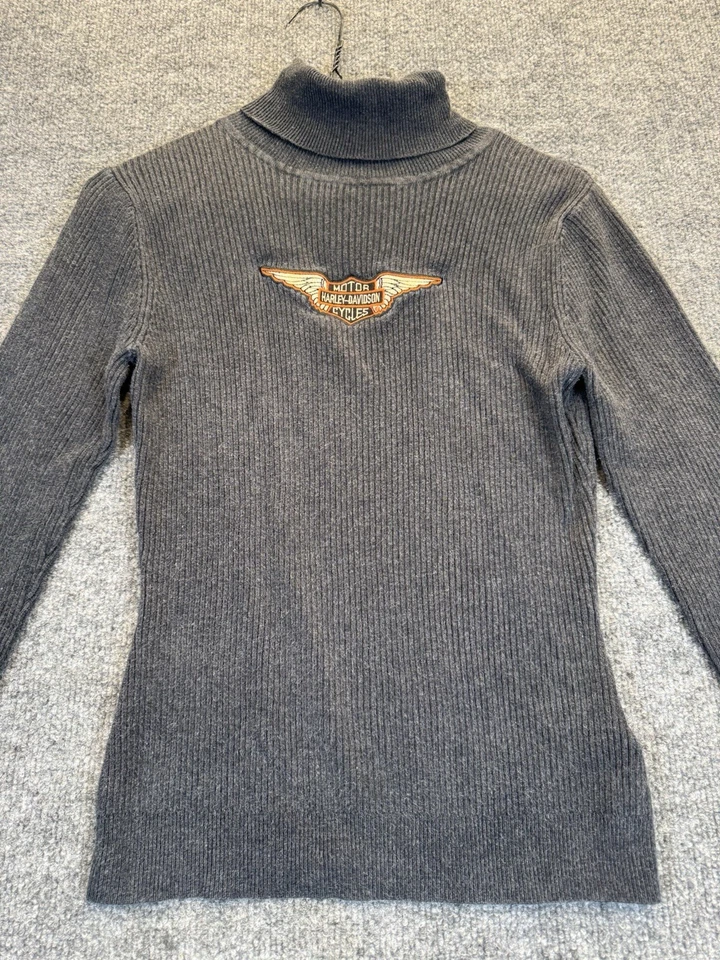 Harley-Davidson женщин ребристый водолазка свитер серый маленький логотип хлопок - Изображение 2 из 4