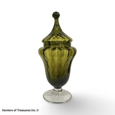 Vtg Empoli Green Glass Apothecary Jar Lid Clear Pedestal Foot Mid Century Modern