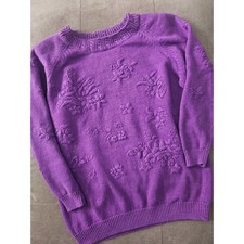 90s Cottagecore Purple Embroidered Knit Pullover Sweater - Size M