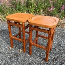 Pair Pitch Pine Stools Vintage Solid Country Bar Seating Made In Gwent