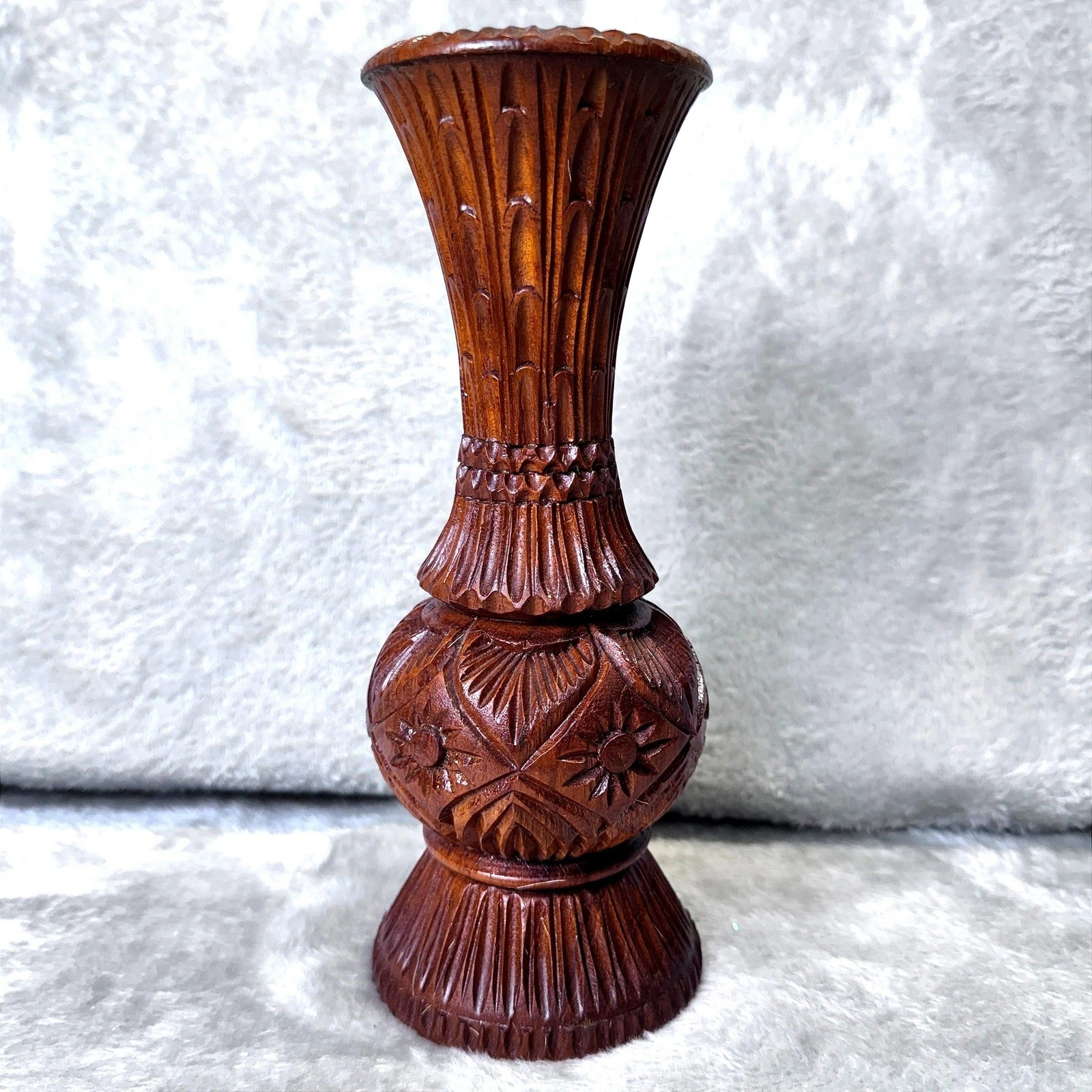MCM Folk Art Carved Wooden Vase Ornate Floral Design Dark Wood Decorative Accent