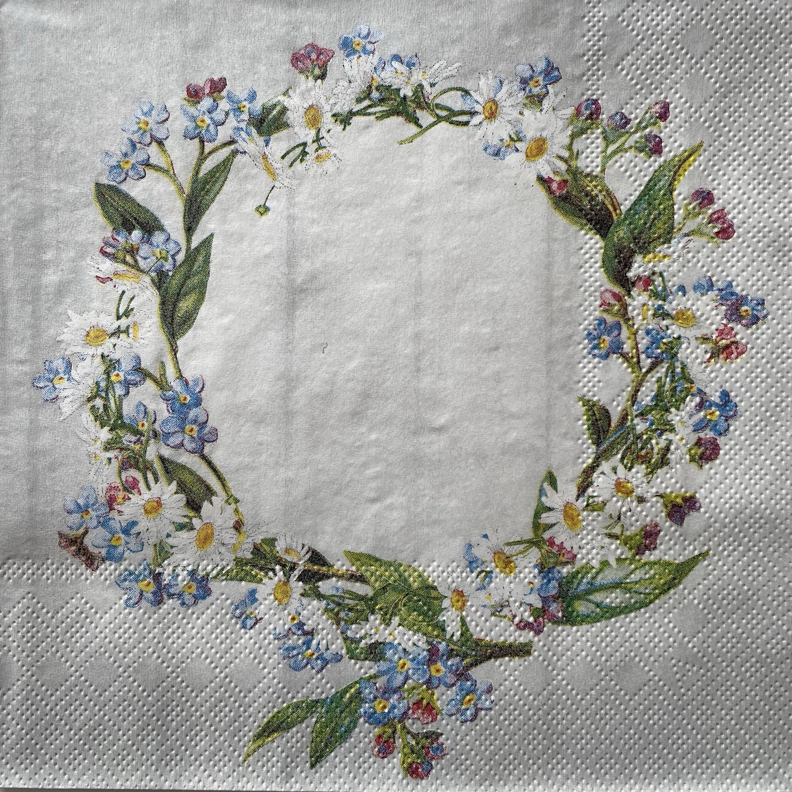 4 Luncheon paper napkins Flower Wreath Daisy Forget Me Not for decoupage