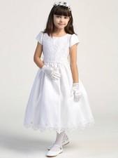 167 Girls White First Communion Dress w/ Embroidered Lace Sequins