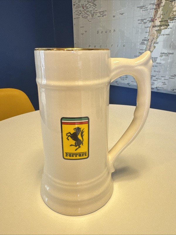 Vintage Ferrari Logo Ceramic Beer Stein Mug Gold Tone Rim Large Tankard