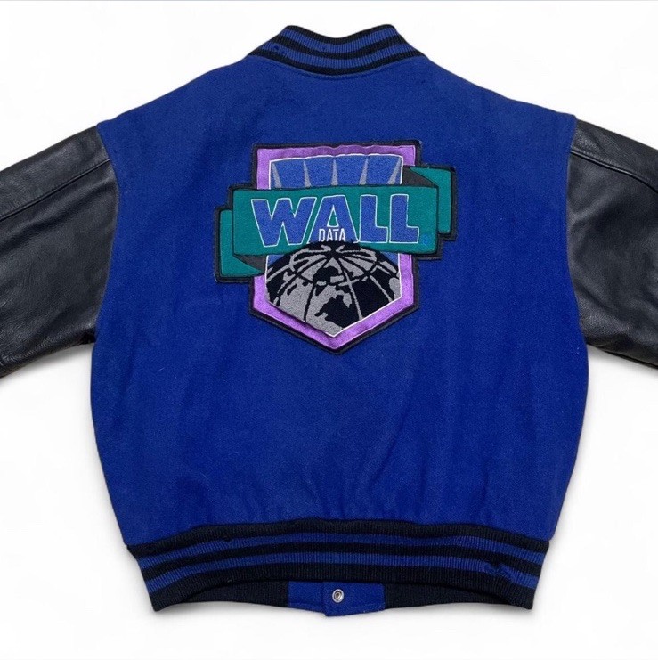 Vintage 90's Wool Leather Embroidered Bomber Jacket Blue Purple