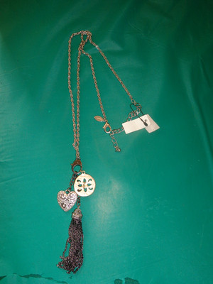 NWT Chico's Silvertone Heart Charm Rhinestone Tassel Necklace