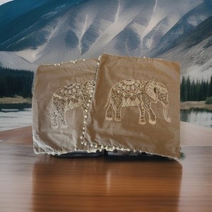 Set of Two Hand Embroidered Elephant Pillow Covers 18x18 Square, beaded.