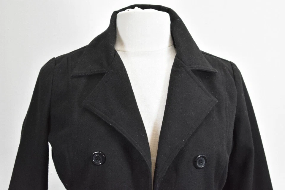 Jou Jou Womens Black Notch Lapel Casual Open Front Belted Peacoat Jacket L - Image 3 of 4