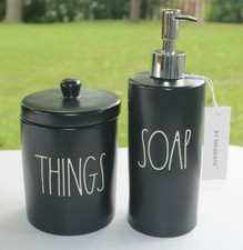 NEW Rae Dunn SOAP dish, THINGS canister Black ceramic LL bathroom kitchen U PICK