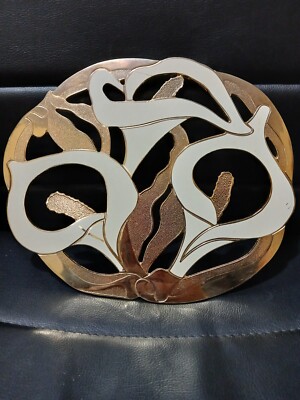  MCM Klipsch Gold Tone Metal White Enamel Calla Lily Footed Trivet Wall Art 9.5''