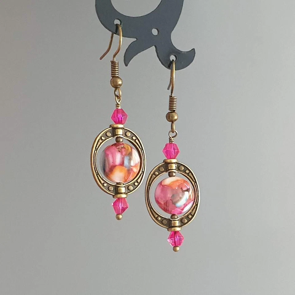 Mother Of Pearls Multicolor Pink Orange Blue Dangle Round Earrings Bronze  - Image 2 of 2
