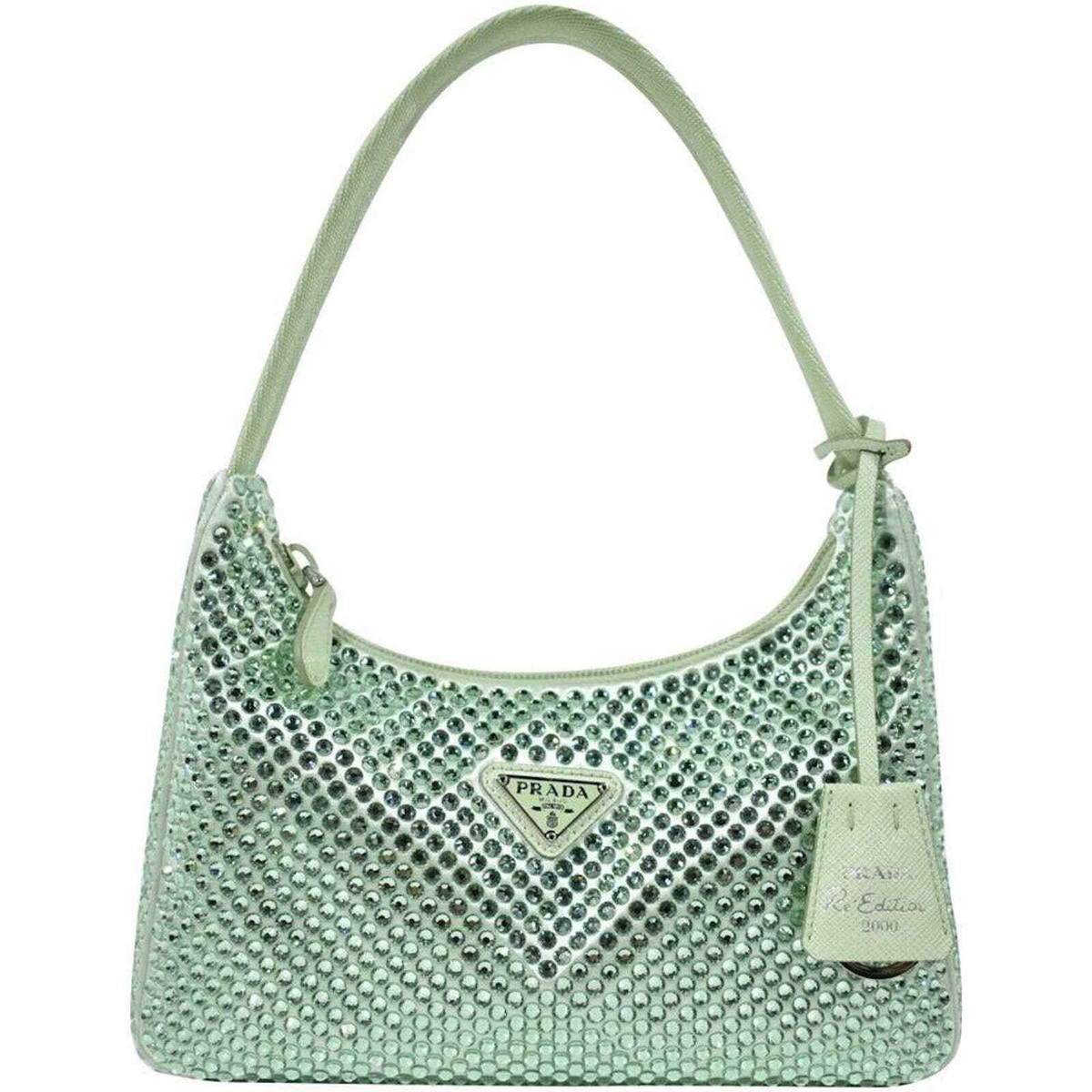 Prada Re-Edition 2000 Green Satin Crystal Nylon Shoulder Top Prada Re-Edition 2000 Green Satin Crystal Nylon Shoulder Top