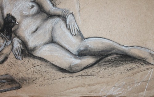 Vintage pastel / charcoal drawing nude woman bird portrait - Picture 9 of 10