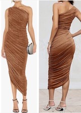 G.W. ONE SHOULDER GLITTER RUCHED BODY CON DRESS CARAMEL Sz.M~NWT