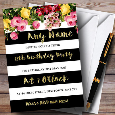 Einladungen rosa Blumen schwarz weiß gold 13. personalisiert Geburtstag Party