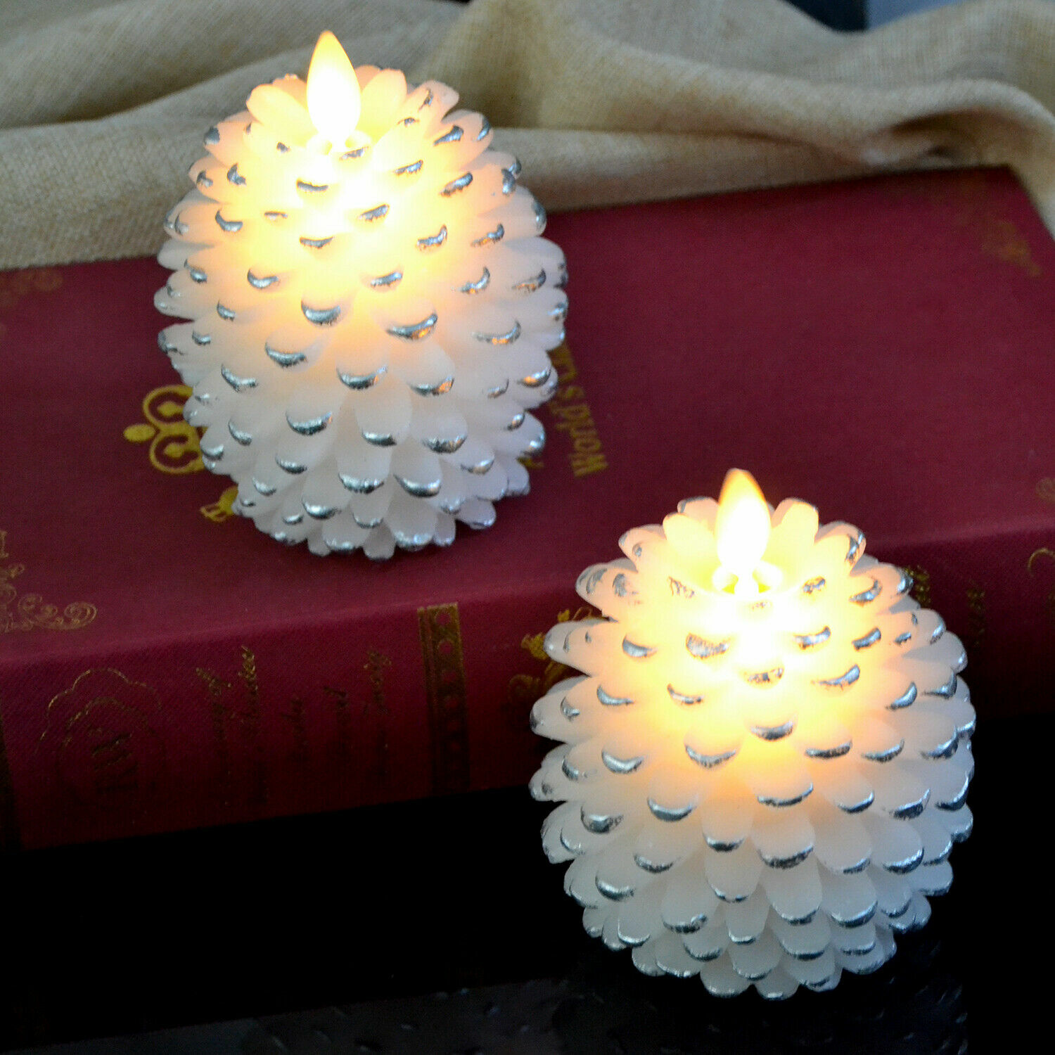 Luminara Flameless Pine Cone Candles with Moving Flame Wax Remote Timer