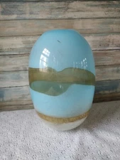 Art Glass Vase Large Aqua Brown Tan Swirl Rounded Hand Blown Beach Theme Decor 