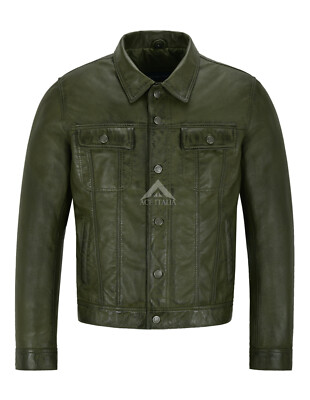 Herren Trucker Jacke oliv American Western Top echt Lamm Lederjacke 1280