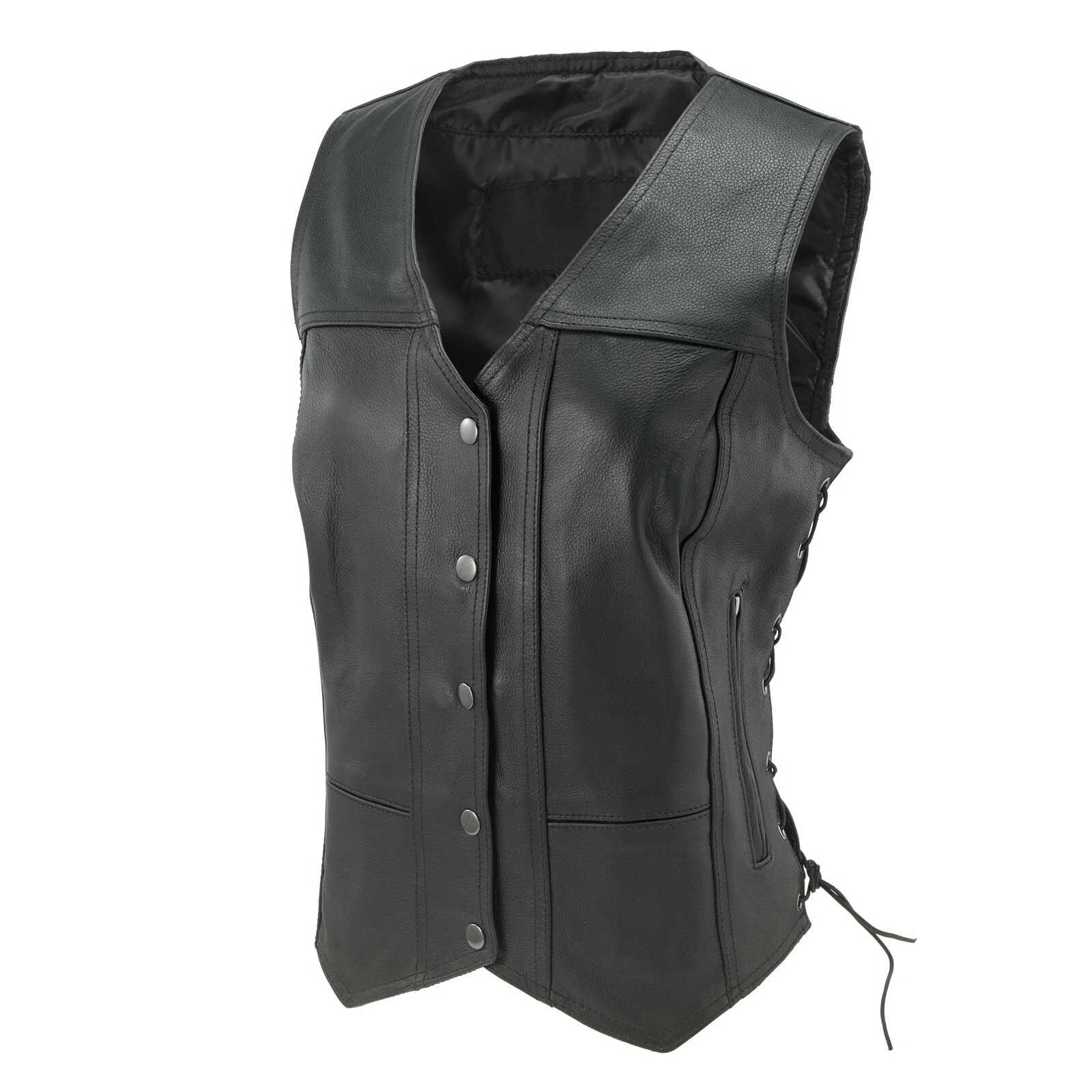 ladies women's solid soft leather biker motorcycle vest black concealed carry