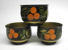 Set Vintage Russian Folk Art Hand Painted Wooden Lacquered Bowls Gold