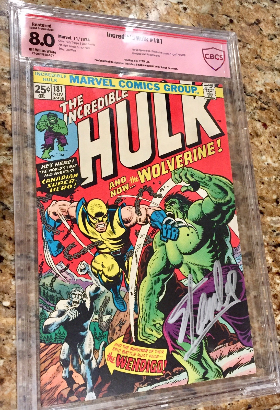 Incredible Hulk 181 CBCS 8.0 Restored Signed Comic Book Stan Lee Auto Signature