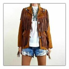 Western Women's Suede Leather Fringe Jacket bones  beaded