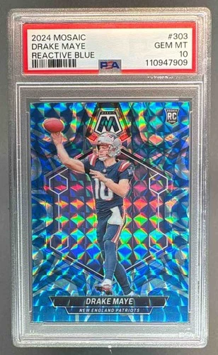 110947909 Drake Maye 2024 Panini Mosaic #303 Reactive Blue Prizm RC PSA 10