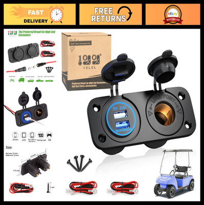 12V Dual USB Socket & Cigarette Lighter Power Outlet for Golf Cart, UTV, Boat, R
