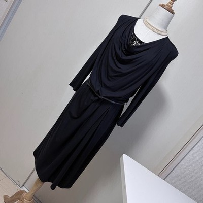 Max Mara Studio Elegant Dark Navy Drape Dress Bejeweled Stretch w/ Leather Belt
