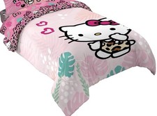 Edredón reversible Hello Kitty hojas tropicales doble XL rosa leopardo