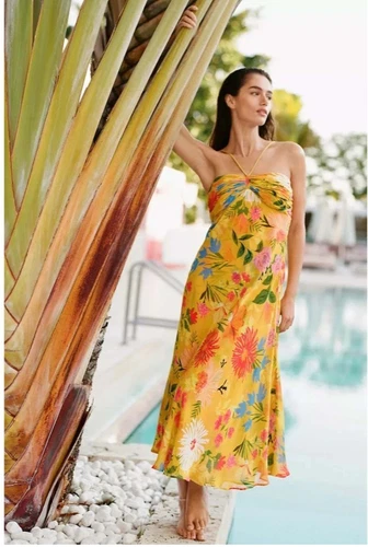 NWT Anthropologie Halter Floral Midi Slip Dress Petite size L Yellow Beach
