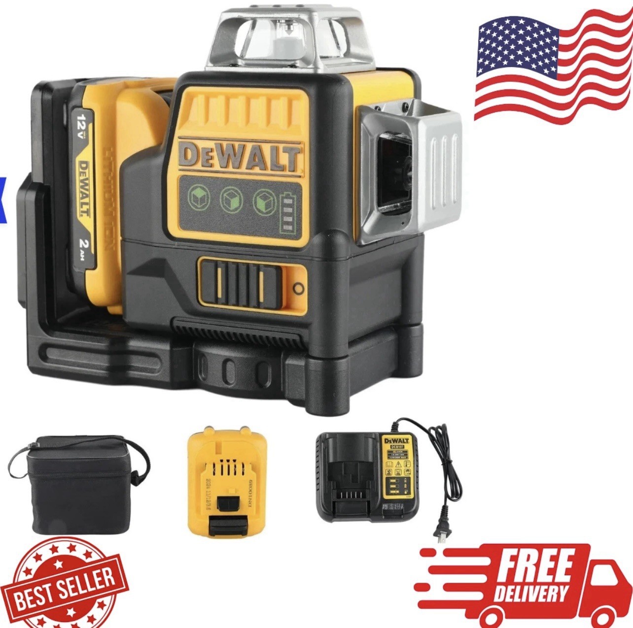 Dewalt DW089LG 12-Line Green Beam Laser Level - 360° 3-Side Coverage12V Li-Ion