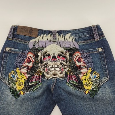 Christian Audigier Jeans Mens 30 Blue Embroidered Skull Roses Y2K Denim Ed Hardy