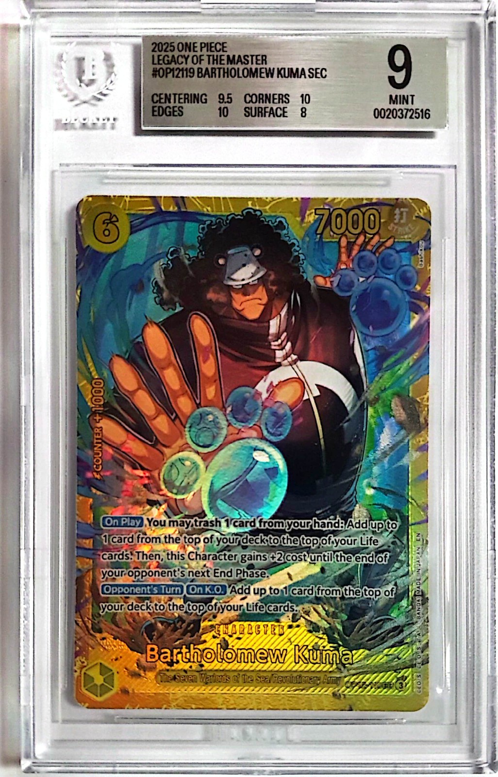 BGS 9 MINT Bartholomew Kuma OP12-119 SEC Secret Rare Legacy of the Master