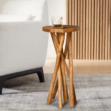 11.8" Round Side Table | Stick Leg Teak Stool | Teak Wood Plant Stand | Accen...