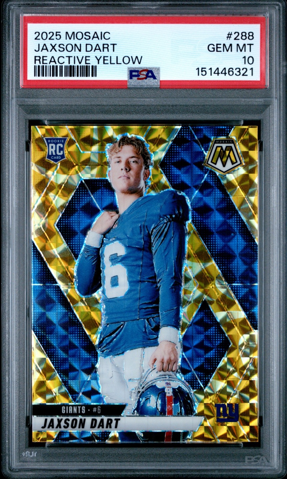 2025 Panini Mosaic Jaxson Dart Reactive Yellow Prizm Rookie #288 PSA 10 Gem Mint