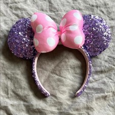 Disney- Parks Purple Sequin Minnie Ears with Pink Polka Dot Bow Headband Gifts