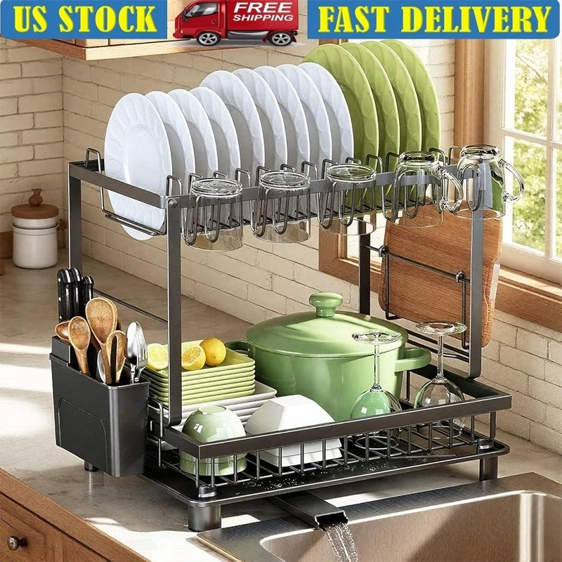 2-Tier Dish Rack W/ Drainage Utensil Holder Space Saving Kitchen Organizer New