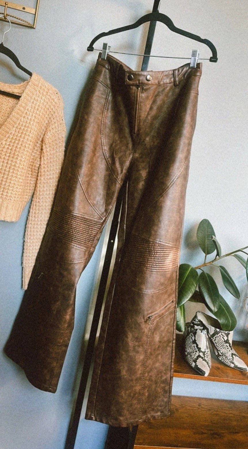 Distressed Brown Faux Leather Moto Pants | Wide Leg | Textured Panel | L
