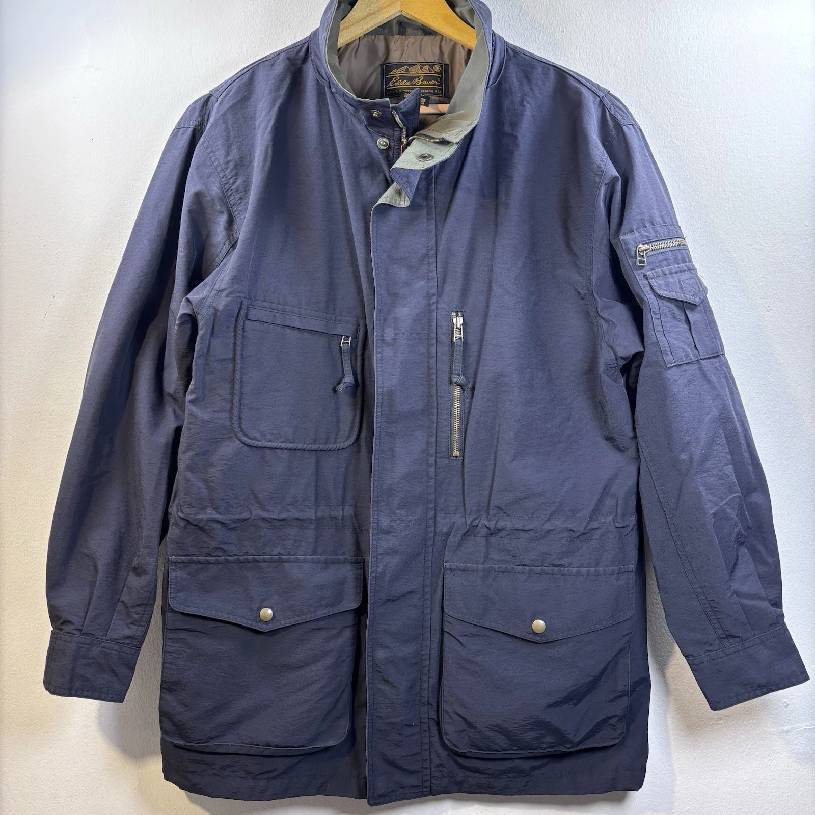 VTG Eddie Bauer Mens Parka Jacket Medium Blue Drawstring Water Resistant 90s